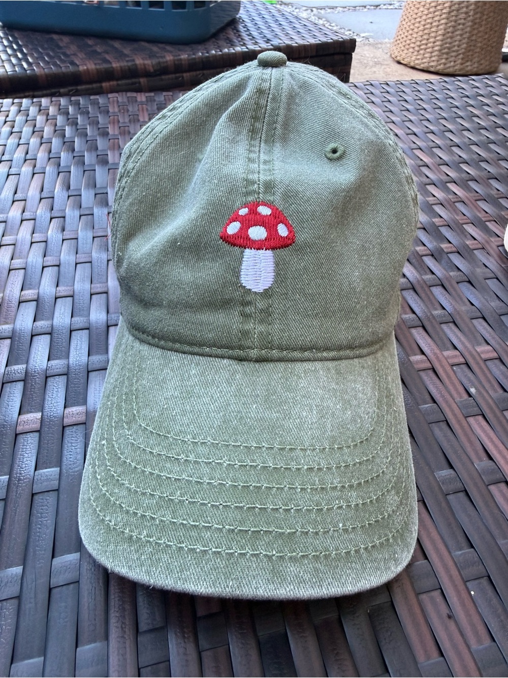 Olive Green Baseball Cap with Red Mushroom Embroidered